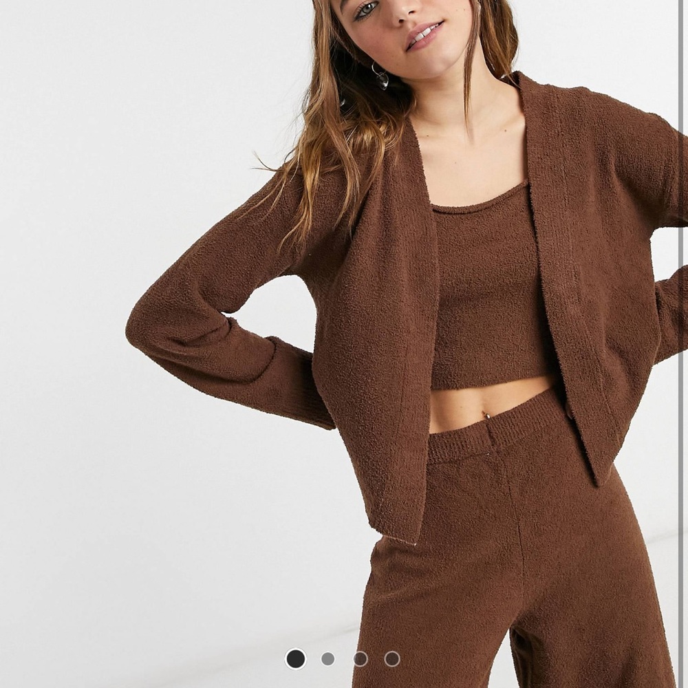 Monki brown fluffy knitted cardigan and cropped tank set - XS